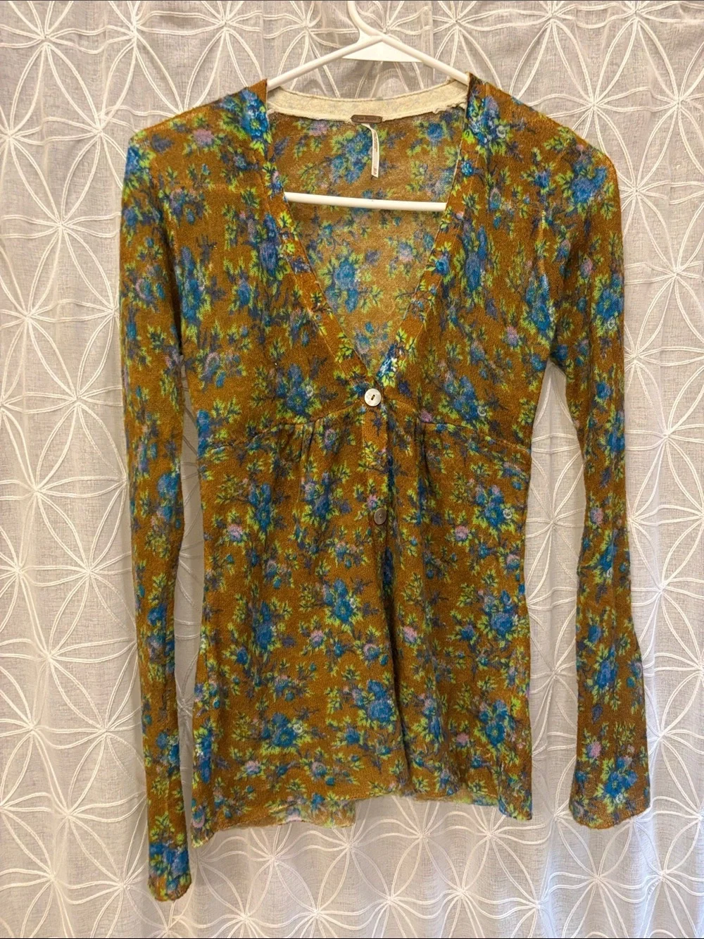 Free People Floral V-Neck Cardigan in Mustard and Blue